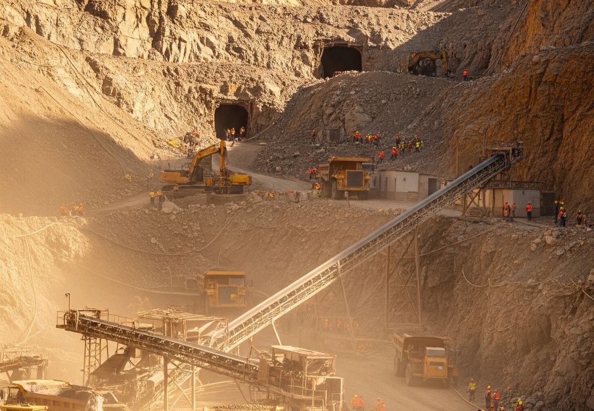 Mine tunnel entrances, haul roads and a conveyor on a busy pit wall